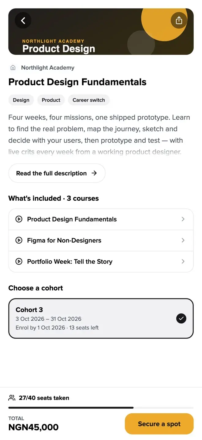 A programme page with Secure a spot